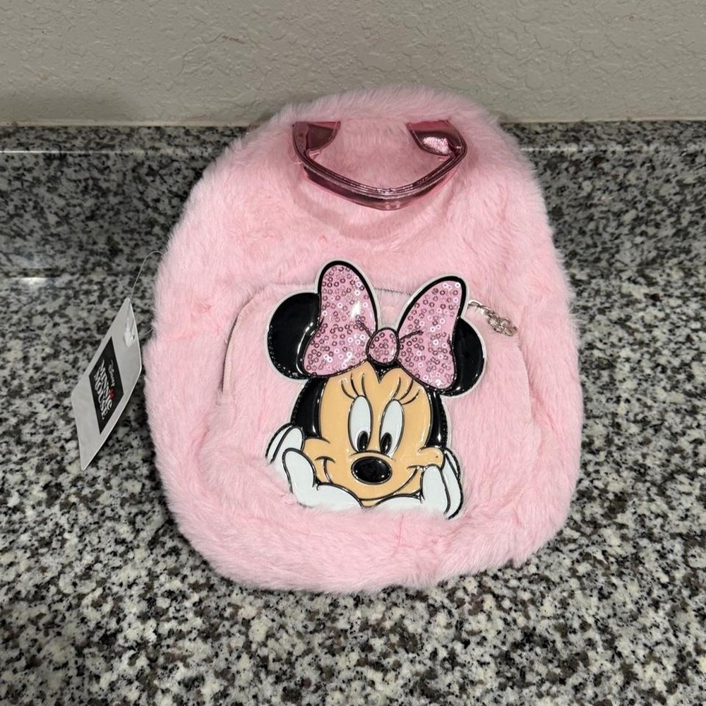 Disney Minnie Mouse Pink Fuzzy Faux Fur Sequin Bow Mini Backpack NWT